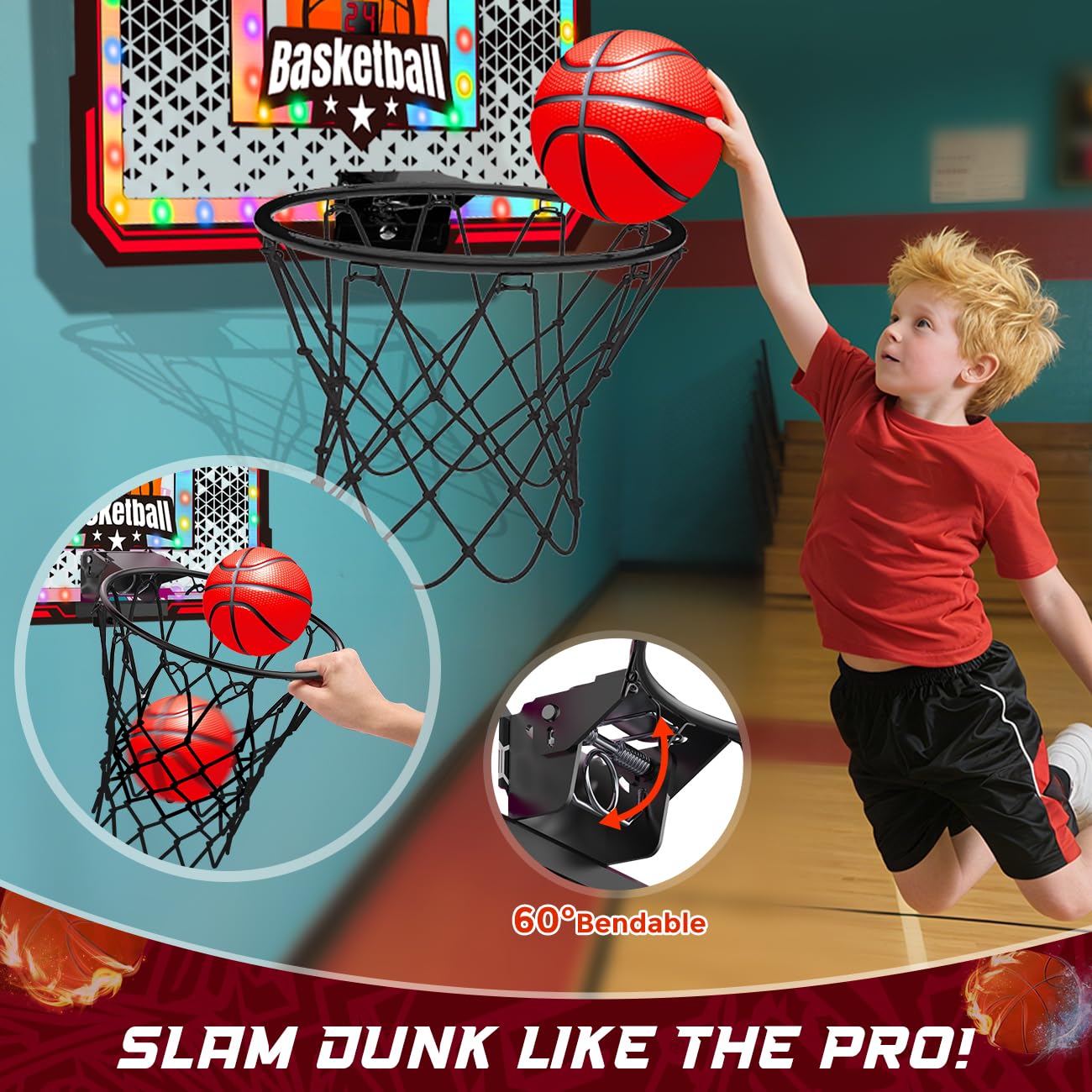 Playhouse House Game  Light Up Basketball Hoops With 6 Color LED Lighting, Remote Controller, Scoreboard & 3 Balls, Over The Door Basketballs Game Toys Gifts For Kids 5-12 Boys Girls