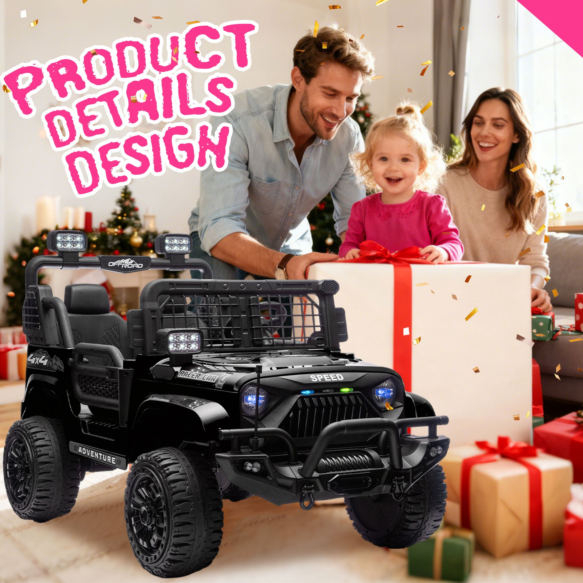 24V 100Wx2 Two-seater Kids Ride On Car W RC - 3 Speed Adjustable,LED Headlights,4-Wheel Shock Absorption,USB MP3 Charging & Battery Indicator,Bluetooth & Music - Electric Toy Car For Kids 3-8