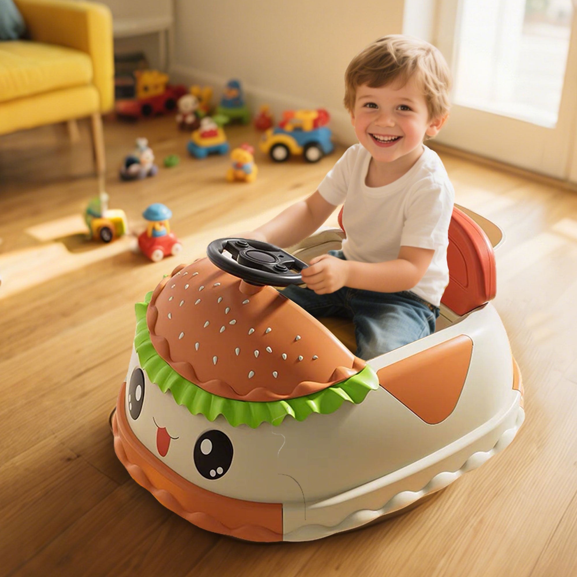 12V Kids Ride On Electric Bumper Car W Parents Control,Cute&Realistic Hamburger Design,360 Degree Rotation,Storing Space,Bluetooth,Music,USB,Silent Wheel,LED Lights,Power Display,Anti-rollover For 2-5