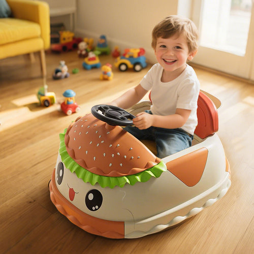 12V Kids Ride On Electric Bumper Car W Parents Control,Cute&Realistic Hamburger Design,360 Degree Rotation,Storing Space,Bluetooth,Music,USB,Silent Wheel,LED Lights,Power Display,Anti-rollover For 2-5