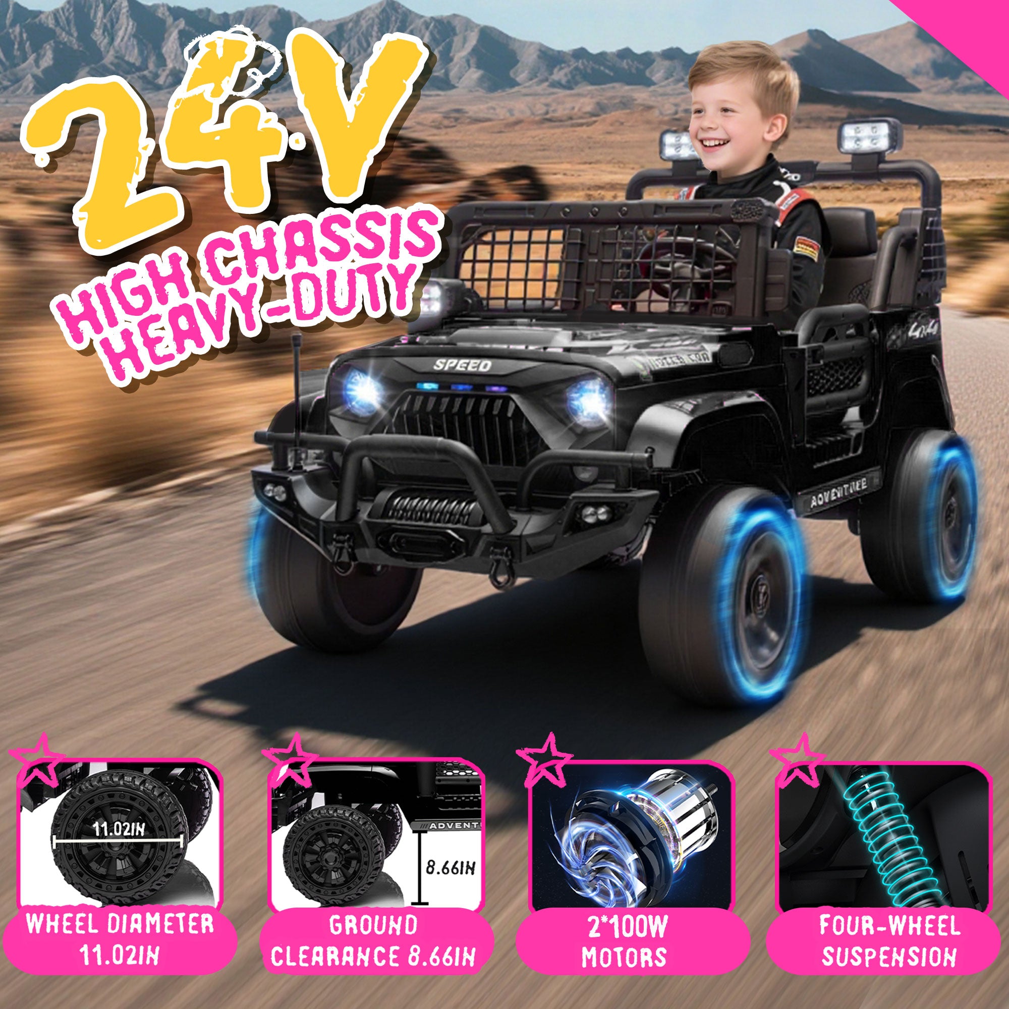 24V 100Wx2 Two-seater Kids Ride On Car W RC - 3 Speed Adjustable,LED Headlights,4-Wheel Shock Absorption,USB MP3 Charging & Battery Indicator,Bluetooth & Music - Electric Toy Car For Kids 3-8