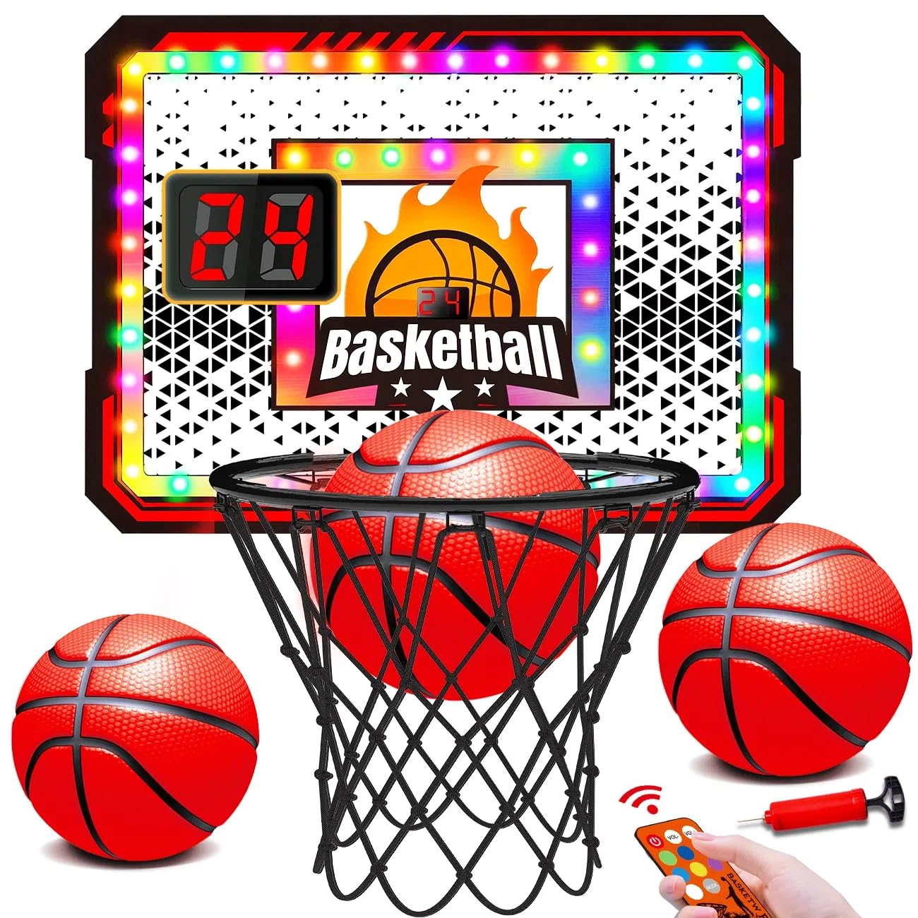 Playhouse House Game  Light Up Basketball Hoops With 6 Color LED Lighting, Remote Controller, Scoreboard & 3 Balls, Over The Door Basketballs Game Toys Gifts For Kids 5-12 Boys Girls