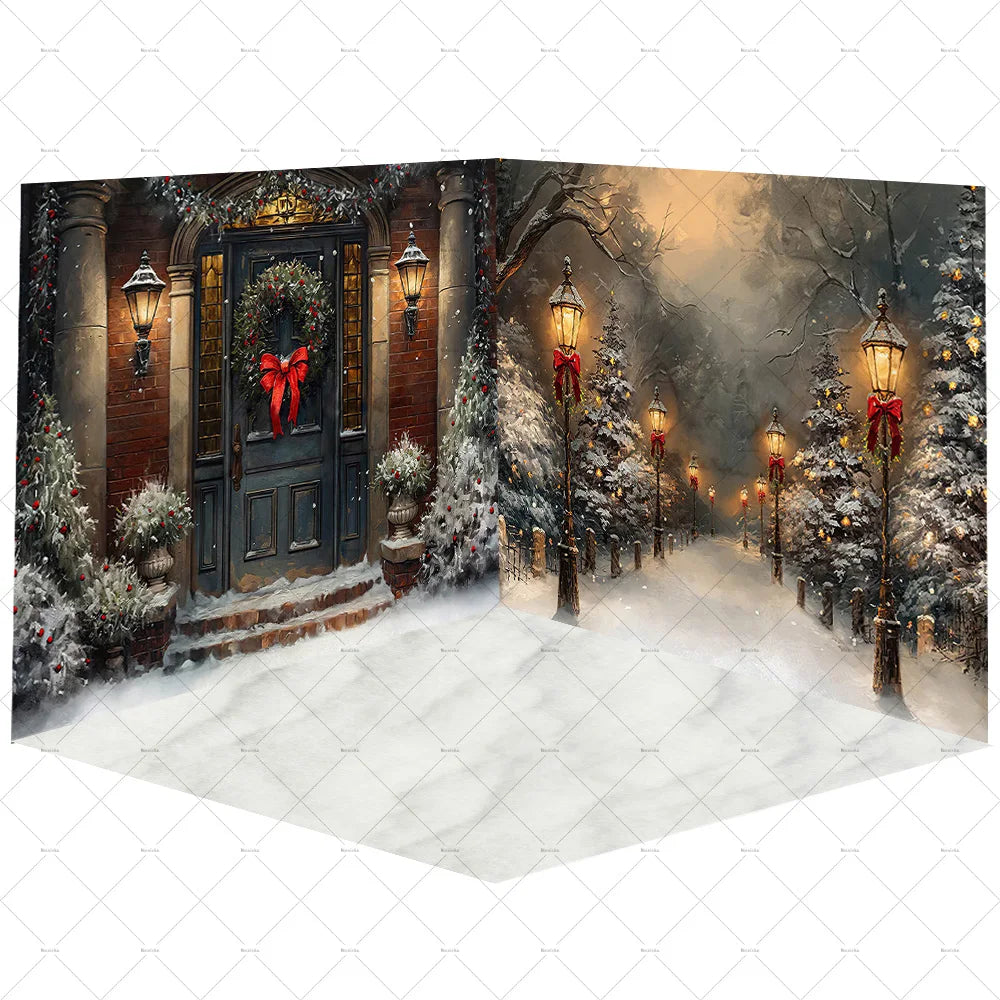 Winter Christmas 3D Background Photography House Street Lantern Xmas Tree Forest Backdrop Kids Family New Year's Eve Art Photo