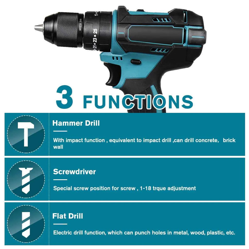 Makita 3-in-1 Electric Impact Drill - 520N.M Torque, 10mm Chuck, 4000rpm Screwdriver for 18V Battery