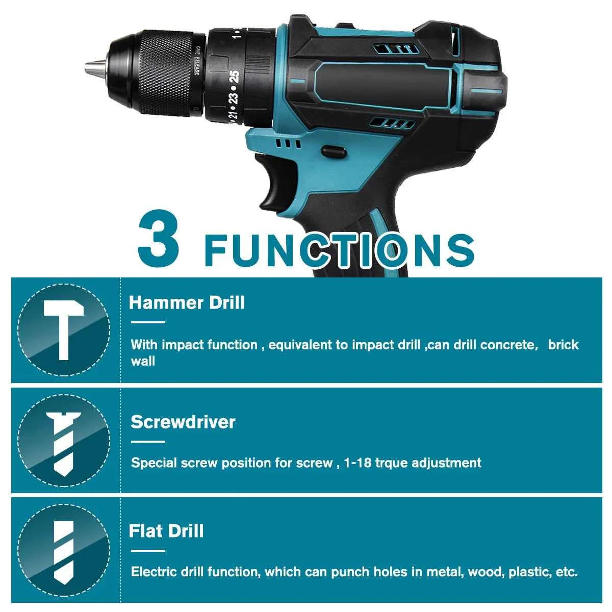 Makita 3-in-1 Electric Impact Drill - 520N.M Torque, 10mm Chuck, 4000rpm Screwdriver for 18V Battery
