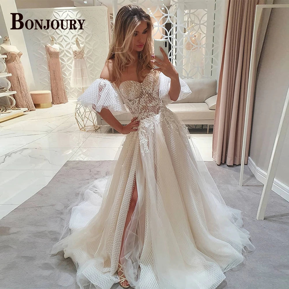 BONJOURY V-neck Satin Wedding Dress with Pockets & Chapel Train for Confident Brides