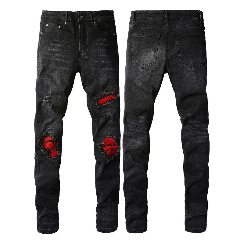 European And American Street Style Fashion High Quality Men Wash Faded With Whisker Jeans Denim Skinny Rip Patch Designer Jeans