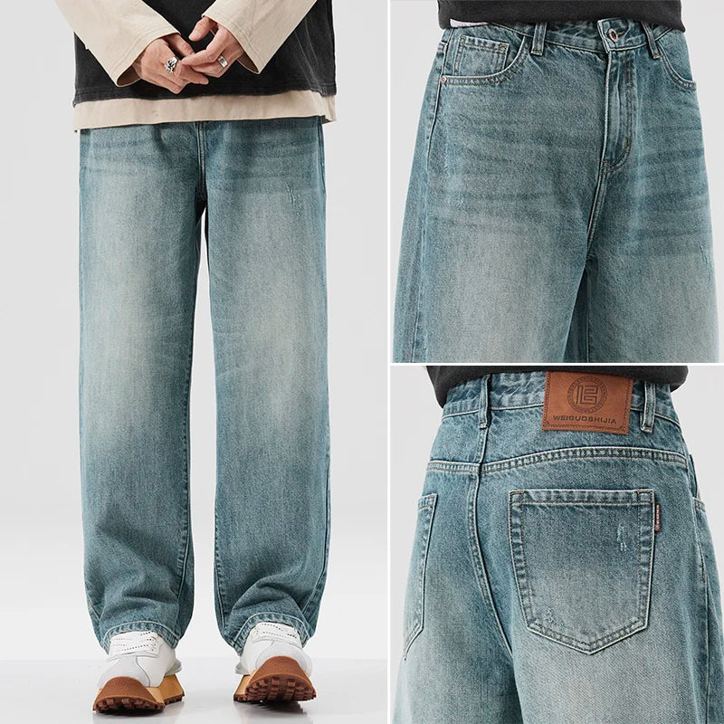 High Street Fashion Custom Men Vintage Blue Jeans Y2K Carpenter Baggy Wide Leg Pants  Denim Men Wash Whisker Fade Designer Jeans