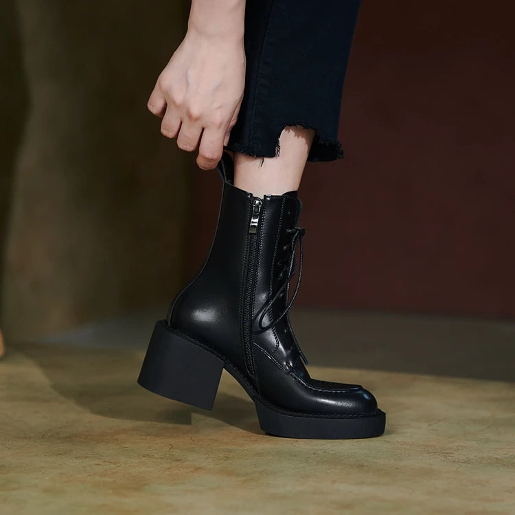2024 Winter Women Shoes Genuine Leather Women Boots Platform Chunky Boots Women Solid Real Leather Women Shoes High Heel Boots