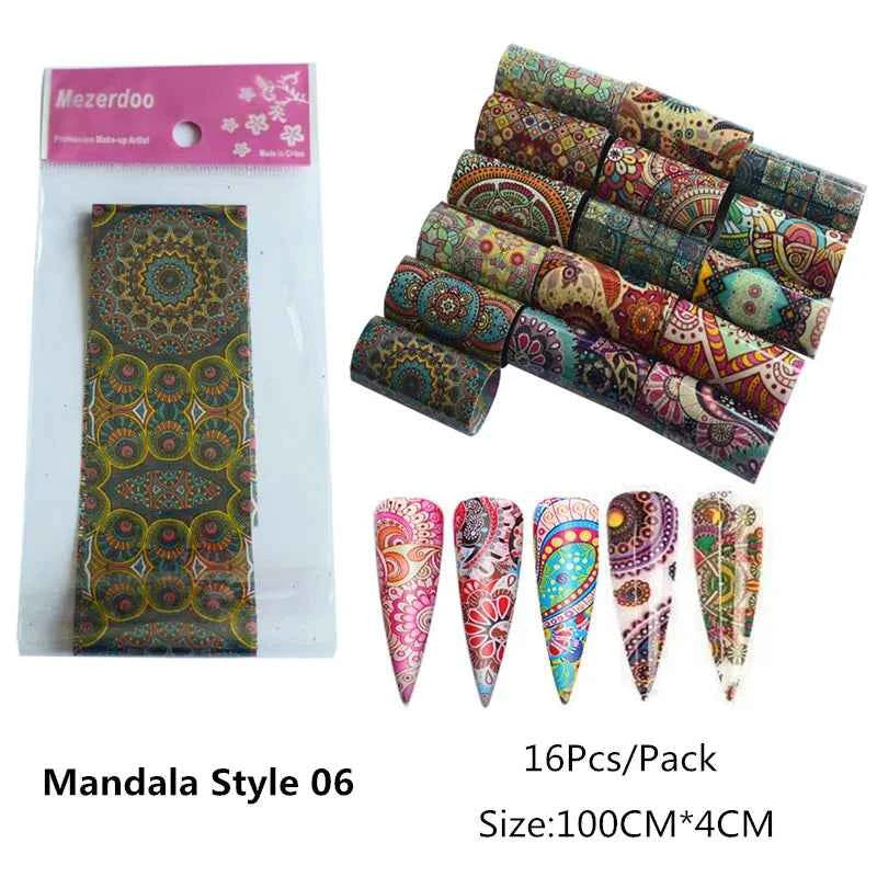 Boho Nail Art Foil Set - 10 Vibrant Mandala Transfer Stickers for Stunning DIY Nail Designs