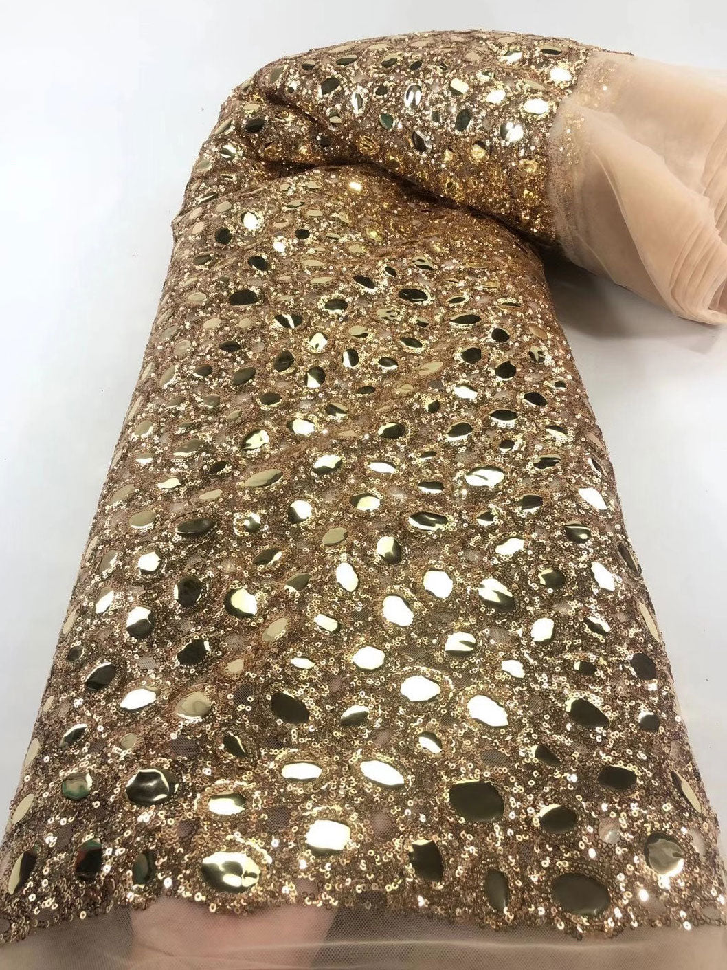 Elegant Couture Gold African Lace Fabric - Stunning Sequins & Embroidery - 5 Yards for Wedding Dresses
