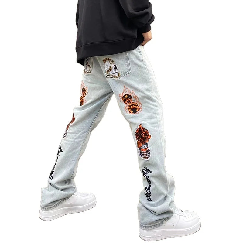 European Hip-Hop Street Wide Leg Stacked Entrepreneurs Customize Embroidery LOGO Jeans Men Wash Fashion Designer Flare Jeans