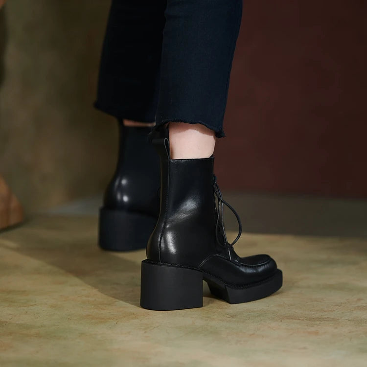 2024 Winter Women Shoes Genuine Leather Women Boots Platform Chunky Boots Women Solid Real Leather Women Shoes High Heel Boots