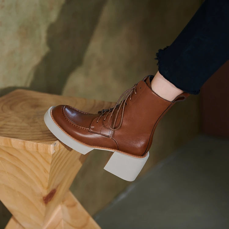 2024 Winter Women Shoes Genuine Leather Women Boots Platform Chunky Boots Women Solid Real Leather Women Shoes High Heel Boots