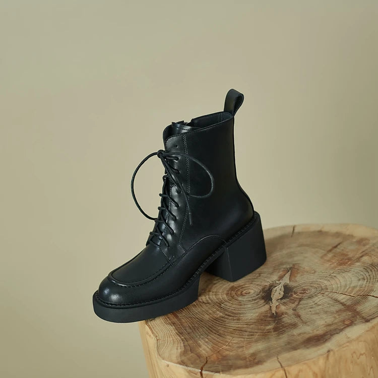 2024 Winter Women Shoes Genuine Leather Women Boots Platform Chunky Boots Women Solid Real Leather Women Shoes High Heel Boots