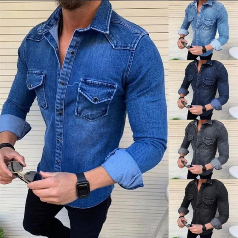 M-3XL Fashion Men Wash Denim Jeans Shirt Long Sleeves Autumn Shirt Casual Top