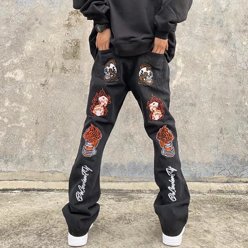 European Hip-Hop Street Wide Leg Stacked Entrepreneurs Customize Embroidery LOGO Jeans Men Wash Fashion Designer Flare Jeans