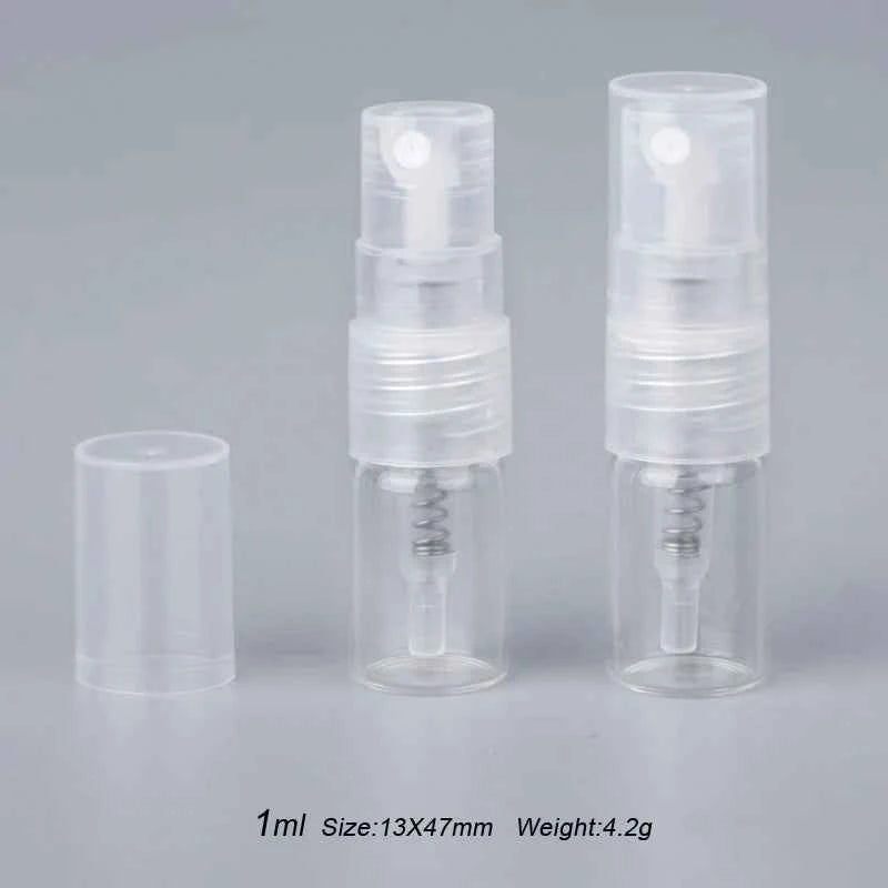Mini Glam Perfume Bottles - 100 Pack of 1ml & 2ml Refillable Glass Atomizers for On-the-Go Fragrance