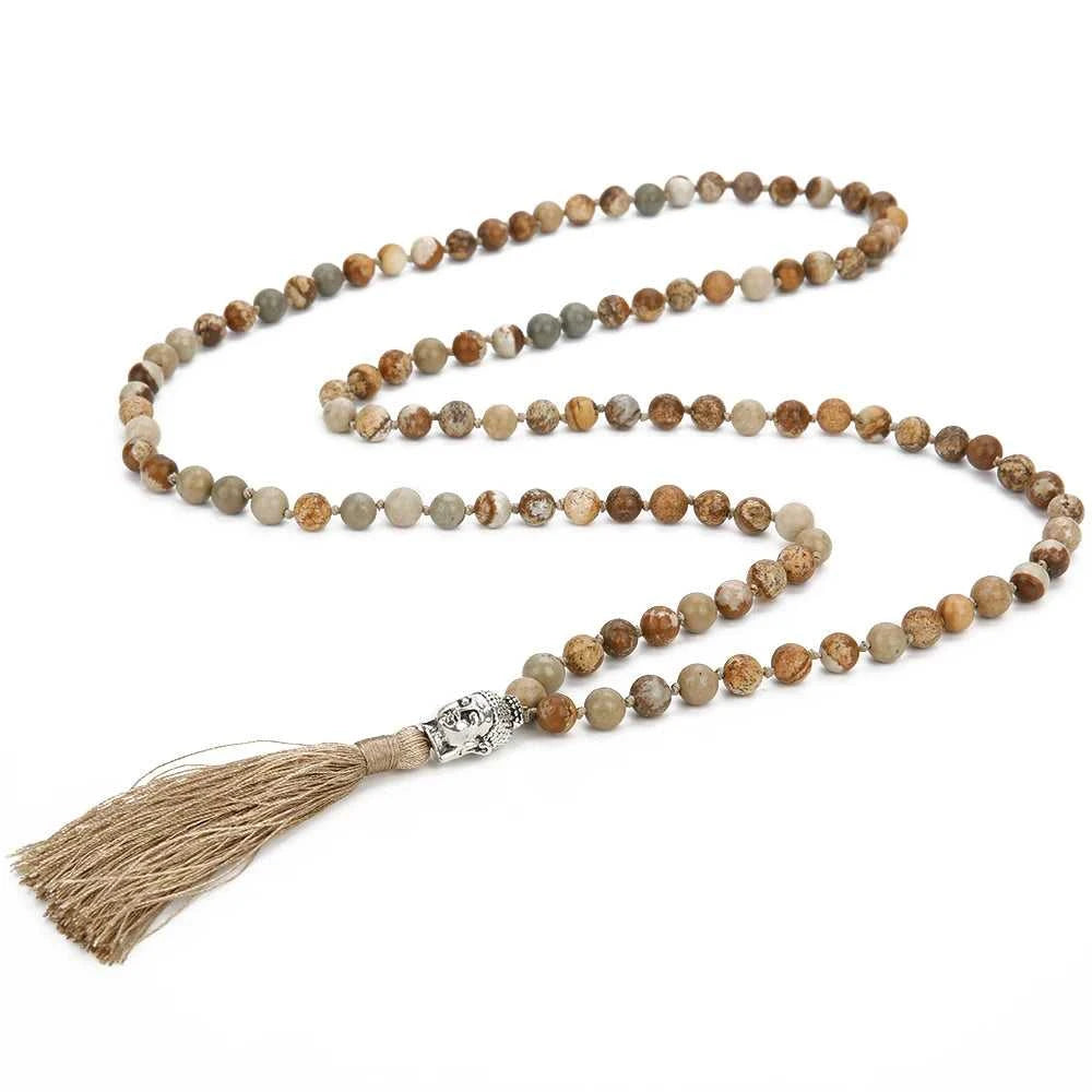 6mm/8mm Picture Jasper Beaded 108 Mala Knotted Necklace Blessing Meditation Yoga Buddha Head Tassel Pendant Japamala Jewelry The jack market .AU The jack market .AU Jewellery & Chains $ 61 200001034:203027829#8mm Picture Jasper