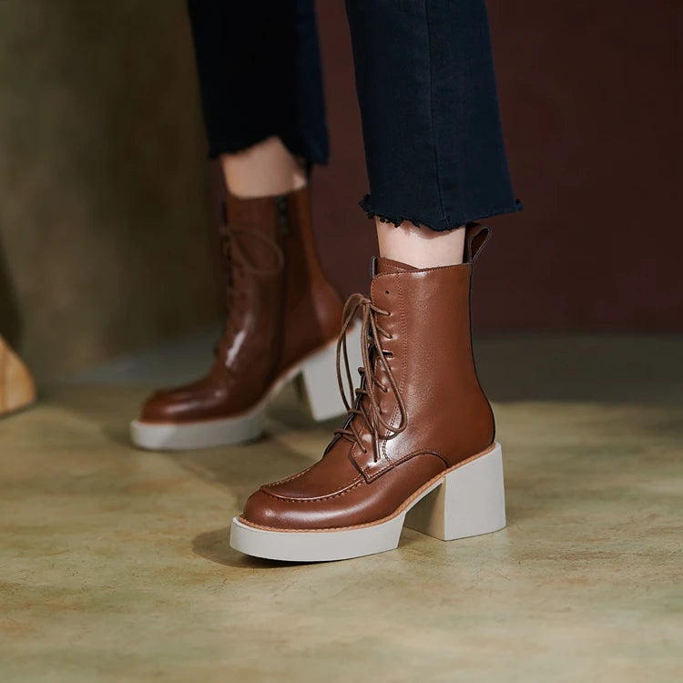2024 Winter Women Shoes Genuine Leather Women Boots Platform Chunky Boots Women Solid Real Leather Women Shoes High Heel Boots