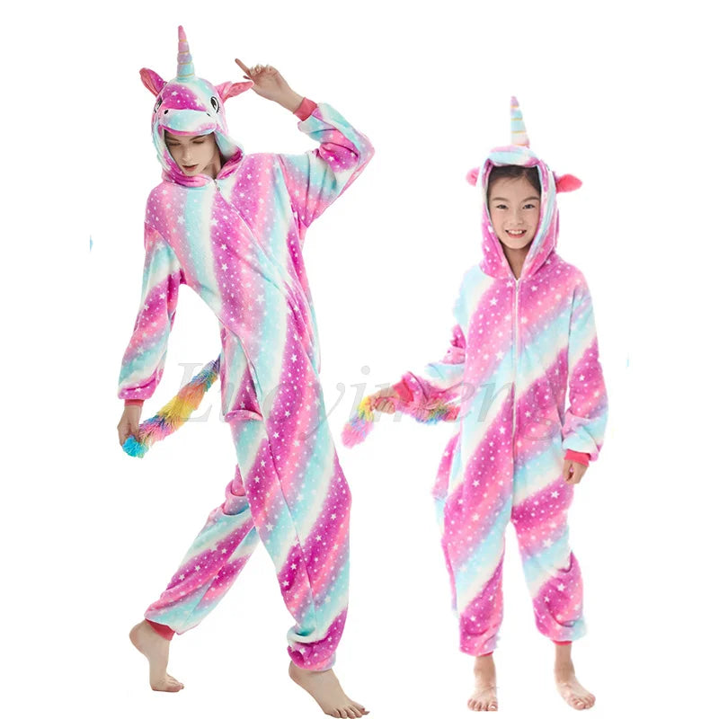 Boy Girl Kigurumi Pajama Sets Panda Unicorn Pajamas For Women Pijimas Cat Onesie Adult Animal Sleepwear Winter Warm Pyjamas Kids