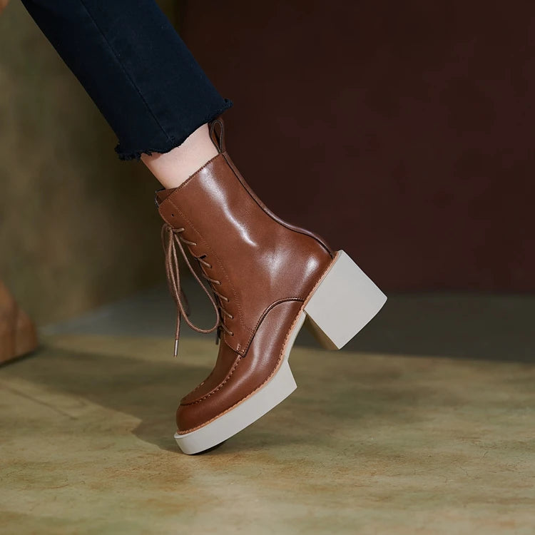 2024 Winter Women Shoes Genuine Leather Women Boots Platform Chunky Boots Women Solid Real Leather Women Shoes High Heel Boots