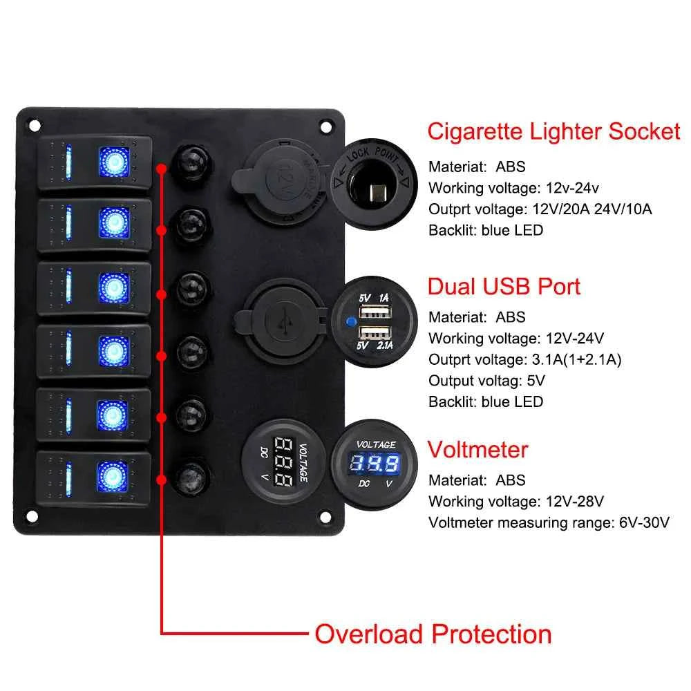 12V 24V 6 Buttons Car Switch Panel 15A Fuse Marine Circuit Breaker Voltmeter Tester Light Toggle USB Chargers 3.0 Auto Splitter