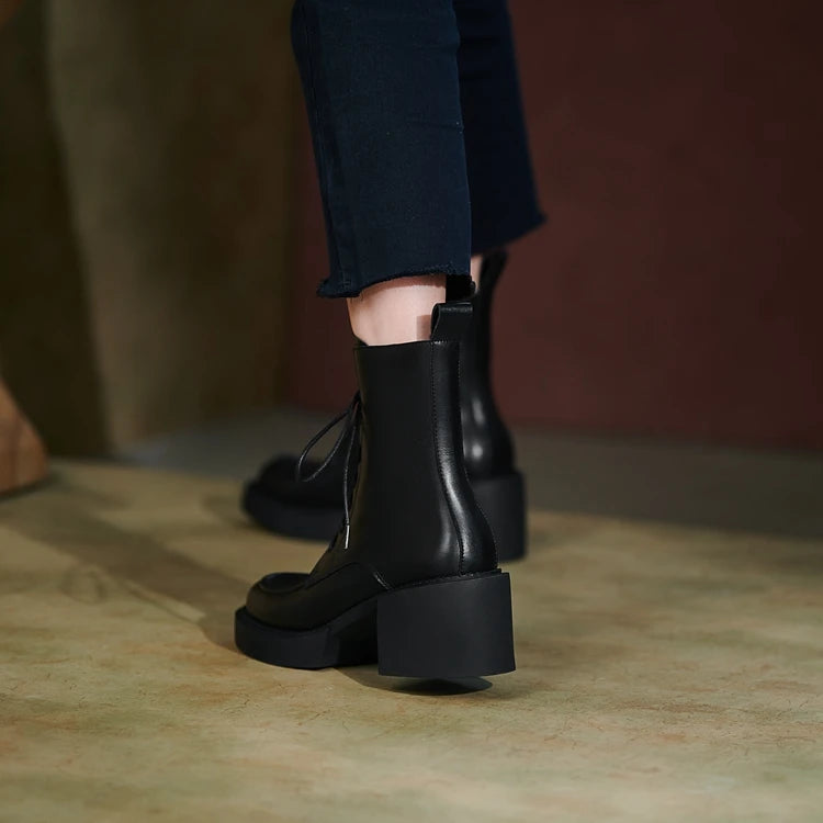 2024 Winter Women Shoes Genuine Leather Women Boots Platform Chunky Boots Women Solid Real Leather Women Shoes High Heel Boots