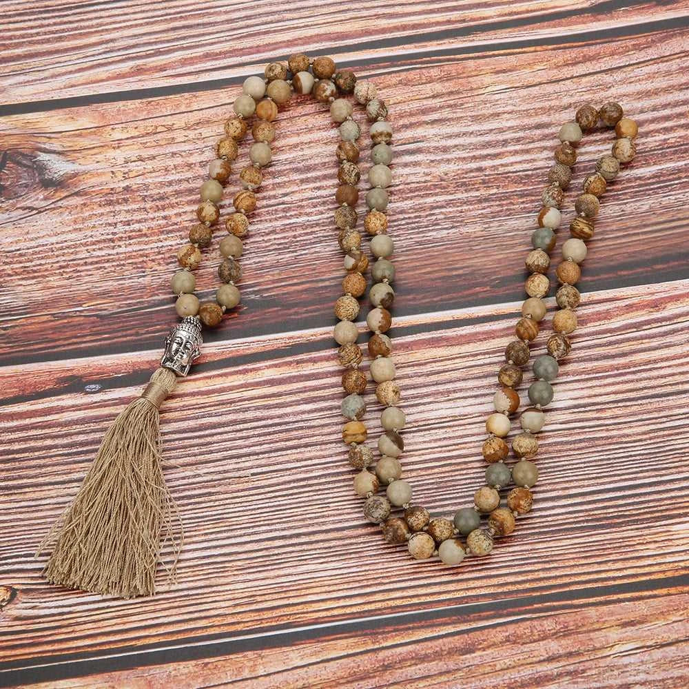 6mm/8mm Picture Jasper Beaded 108 Mala Knotted Necklace Blessing Meditation Yoga Buddha Head Tassel Pendant Japamala Jewelry The jack market .AU The jack market .AU Jewellery & Chains $ 61 200001034:203027829#8mm Picture Jasper