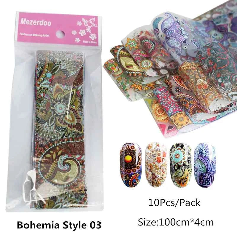 Boho Nail Art Foil Set - 10 Vibrant Mandala Transfer Stickers for Stunning DIY Nail Designs