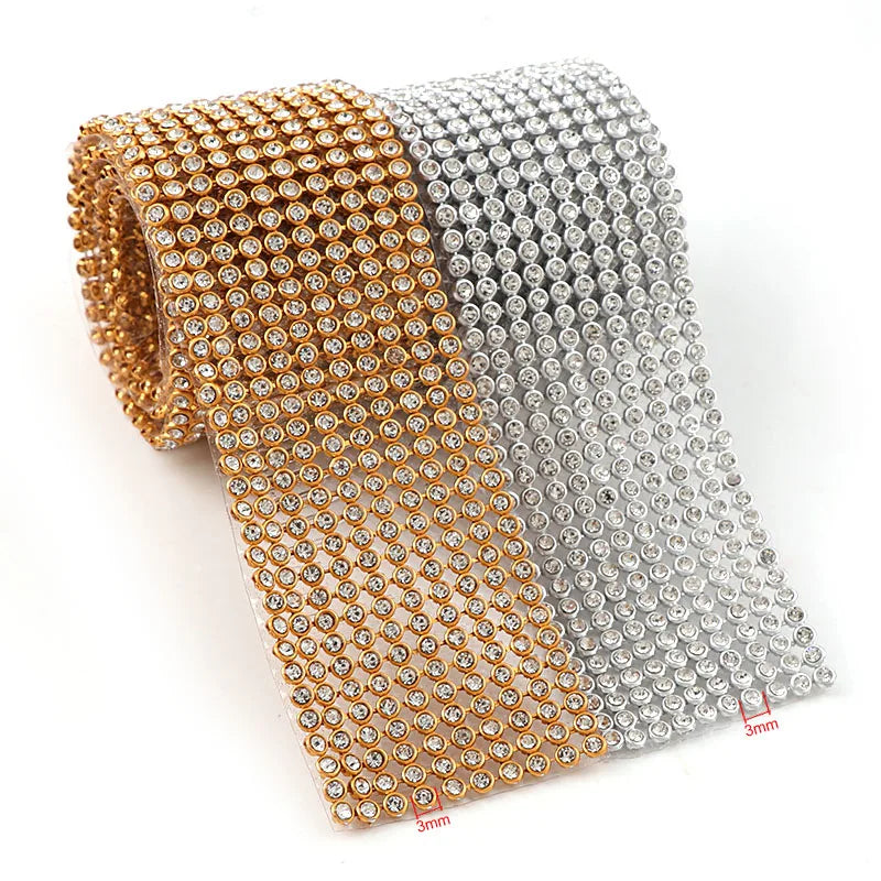 1 Pc 3mm Glass Rhinestone+Gold/Silver Aluminum Rhinestone Mesh Trim ABS Plastic HotFix For DIY Wedding Dress Jewelry