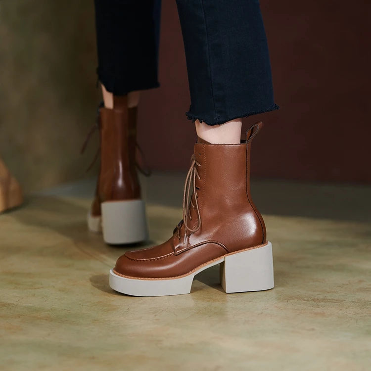 2024 Winter Women Shoes Genuine Leather Women Boots Platform Chunky Boots Women Solid Real Leather Women Shoes High Heel Boots
