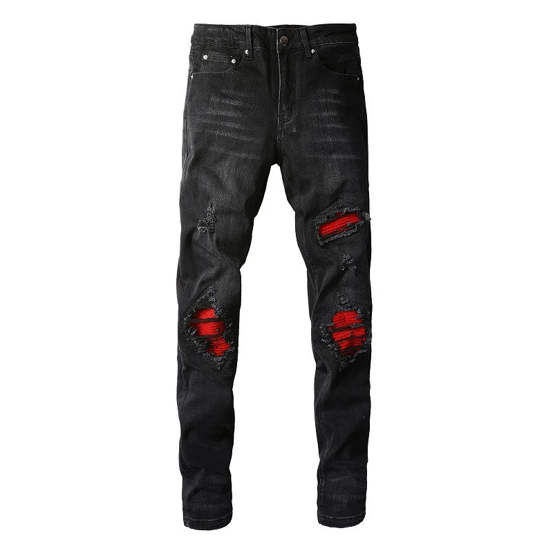 European And American Street Style Fashion High Quality Men Wash Faded With Whisker Jeans Denim Skinny Rip Patch Designer Jeans