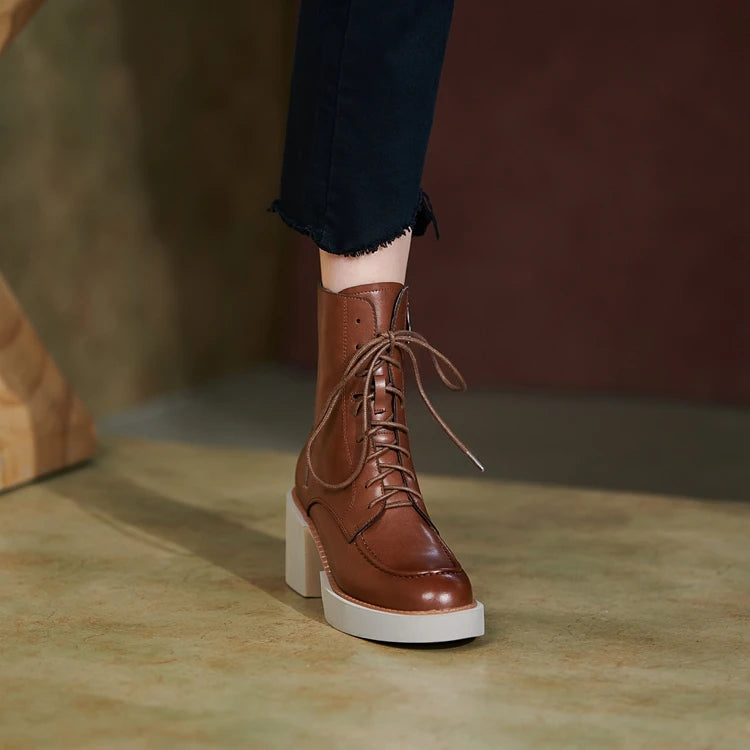 2024 Winter Women Shoes Genuine Leather Women Boots Platform Chunky Boots Women Solid Real Leather Women Shoes High Heel Boots
