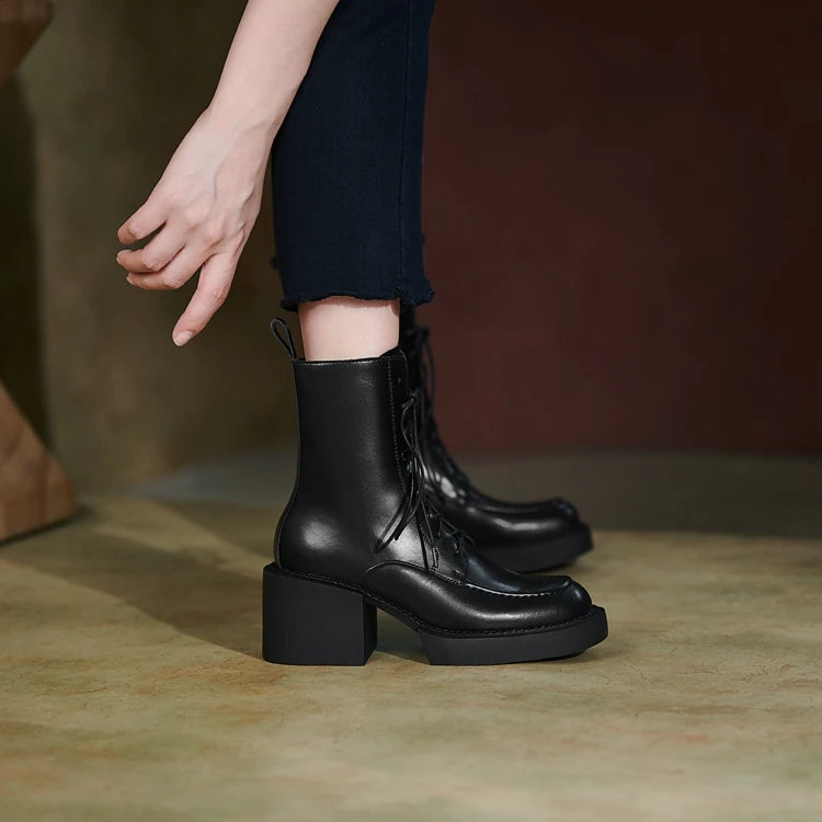 2024 Winter Women Shoes Genuine Leather Women Boots Platform Chunky Boots Women Solid Real Leather Women Shoes High Heel Boots