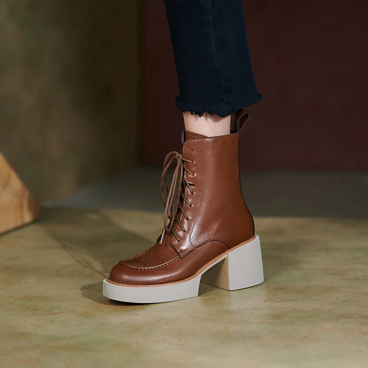 2024 Winter Women Shoes Genuine Leather Women Boots Platform Chunky Boots Women Solid Real Leather Women Shoes High Heel Boots