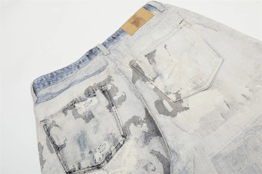 Fashion Brand Men Light Blue 3D Print Gradual Change Logo Custom Jeans Men Wash Wide Leg Fitting Loose Jeans Men Straight Jeans