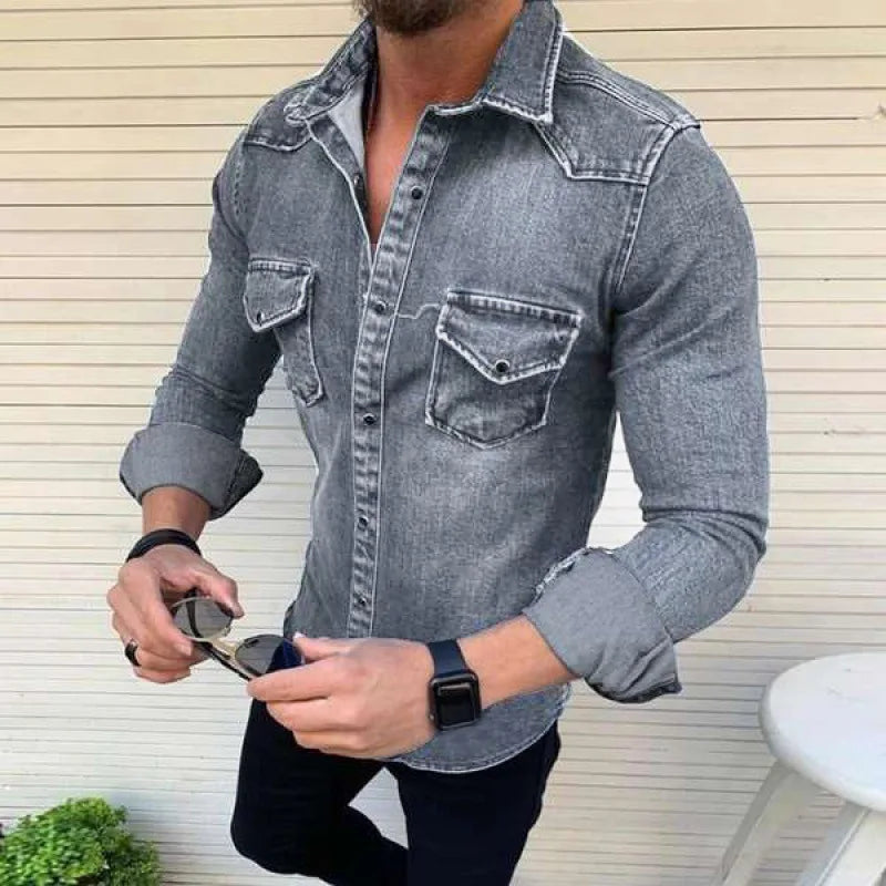 M-3XL Fashion Men Wash Denim Jeans Shirt Long Sleeves Autumn Shirt Casual Top
