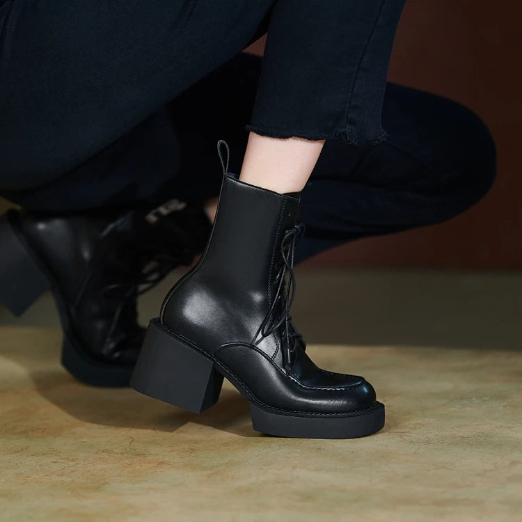 2024 Winter Women Shoes Genuine Leather Women Boots Platform Chunky Boots Women Solid Real Leather Women Shoes High Heel Boots