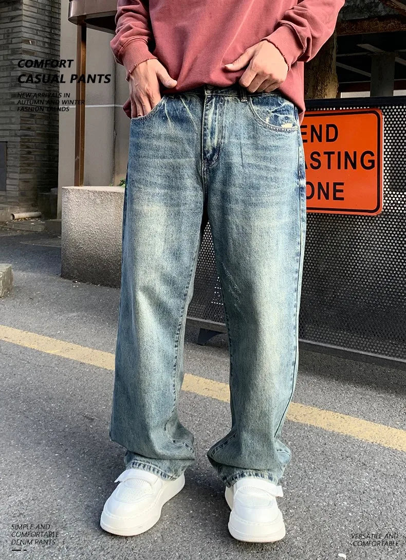 American Style Sells Best Men Vintage Blue Dirtyfit Jeans Men Wash Whisker Faded Straight Jeans Men Baggy Fitting Designer Jeans