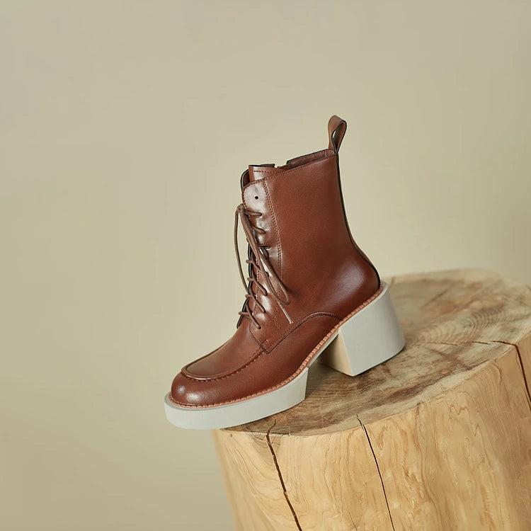 2024 Winter Women Shoes Genuine Leather Women Boots Platform Chunky Boots Women Solid Real Leather Women Shoes High Heel Boots
