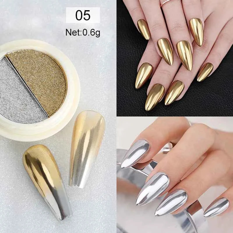 Gold & Silver Mirror Powder - 6 Vibrant Metallic Nail Art Glitters for Stunning Manicures
