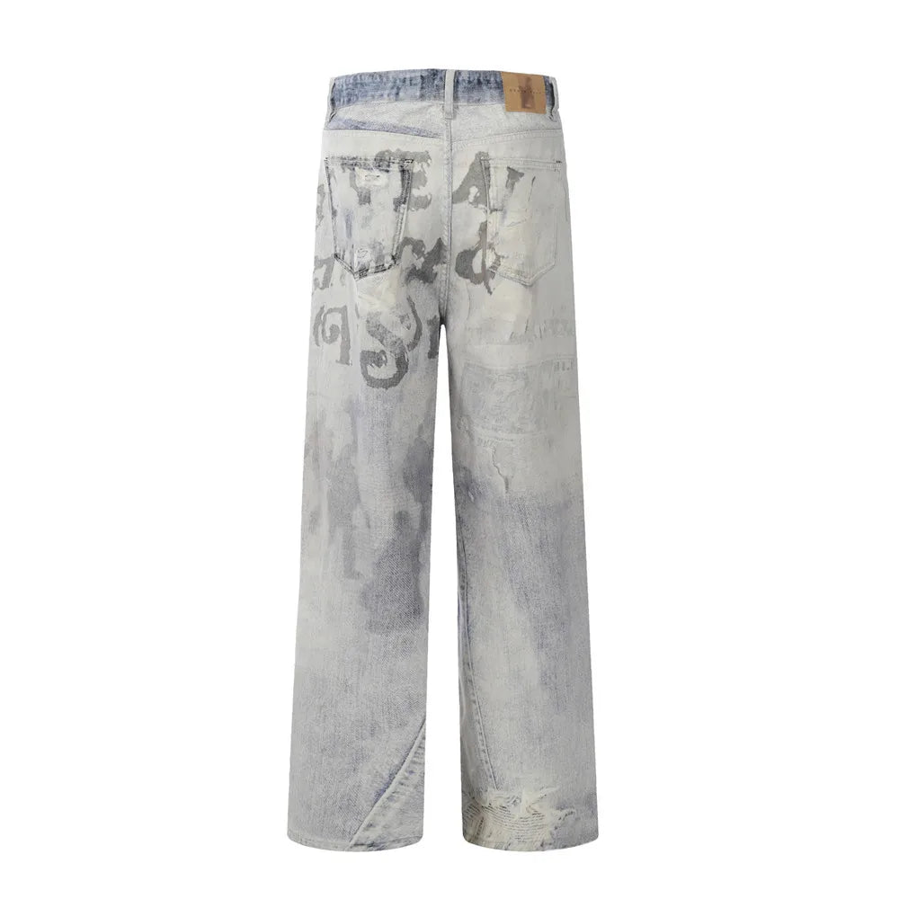 Fashion Brand Men Light Blue 3D Print Gradual Change Logo Custom Jeans Men Wash Wide Leg Fitting Loose Jeans Men Straight Jeans