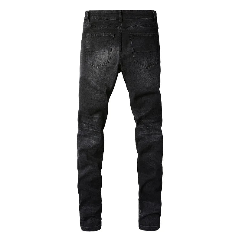 European And American Street Style Fashion High Quality Men Wash Faded With Whisker Jeans Denim Skinny Rip Patch Designer Jeans