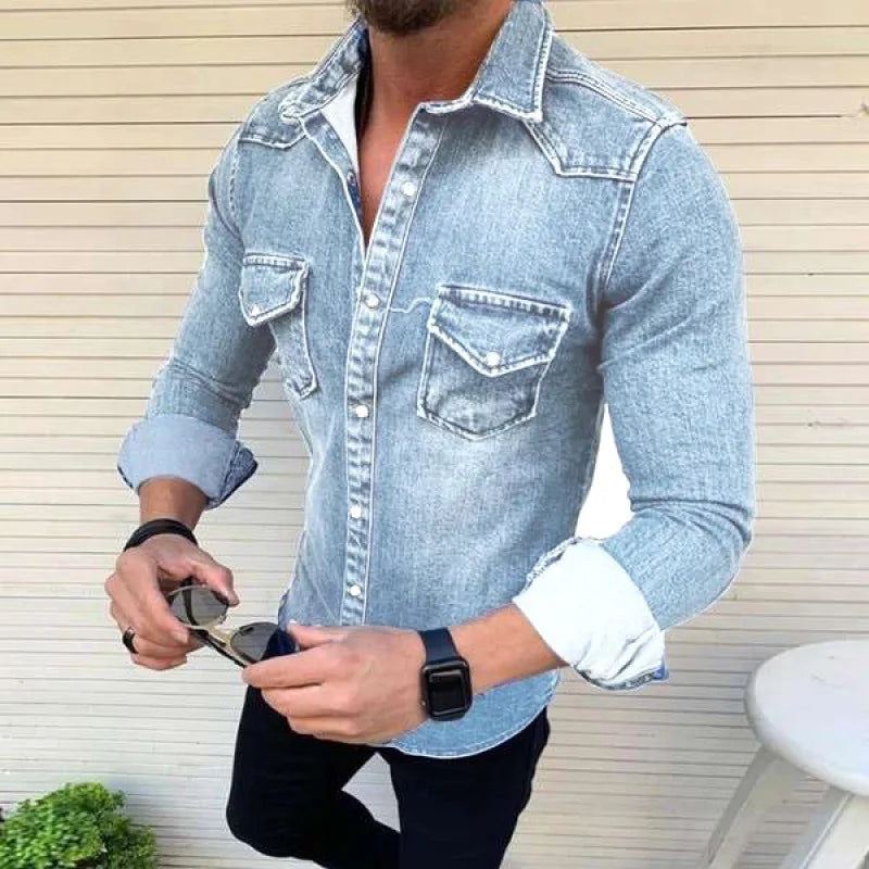 M-3XL Fashion Men Wash Denim Jeans Shirt Long Sleeves Autumn Shirt Casual Top