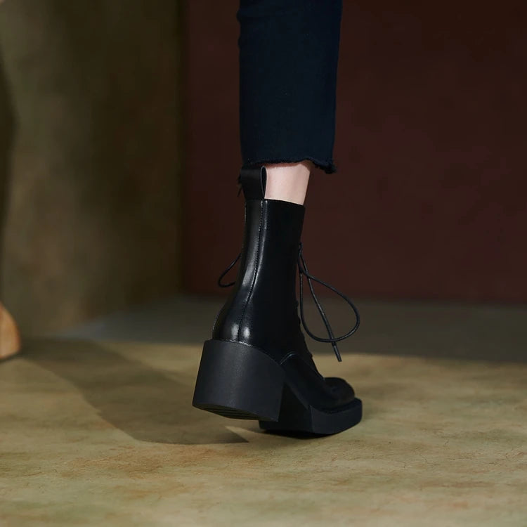 2024 Winter Women Shoes Genuine Leather Women Boots Platform Chunky Boots Women Solid Real Leather Women Shoes High Heel Boots