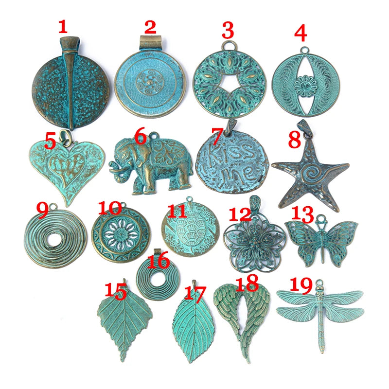 2pcs/lot Verdigris Patina Elephant/Heart/Leaf/Flower/Dragonfly/Butterfly/Swirl/Wing Pattern Pendant Fashion Jewelry Material