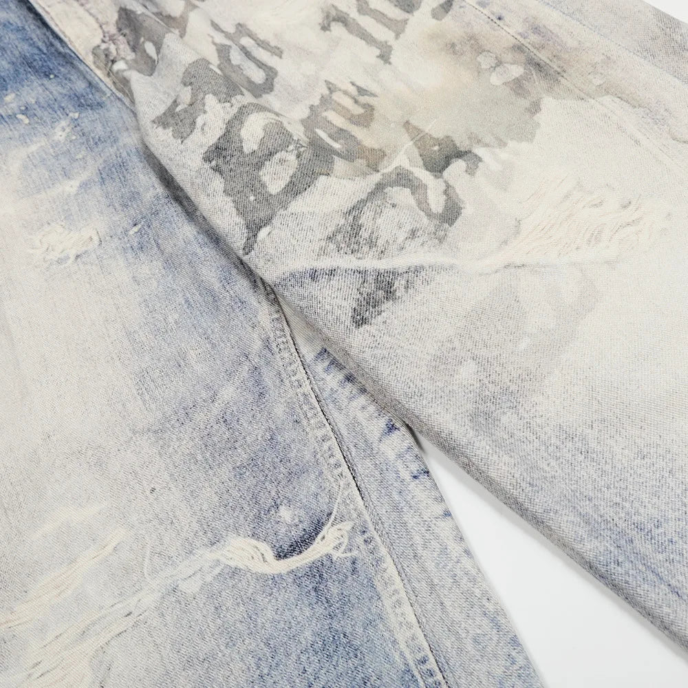 Fashion Brand Men Light Blue 3D Print Gradual Change Logo Custom Jeans Men Wash Wide Leg Fitting Loose Jeans Men Straight Jeans