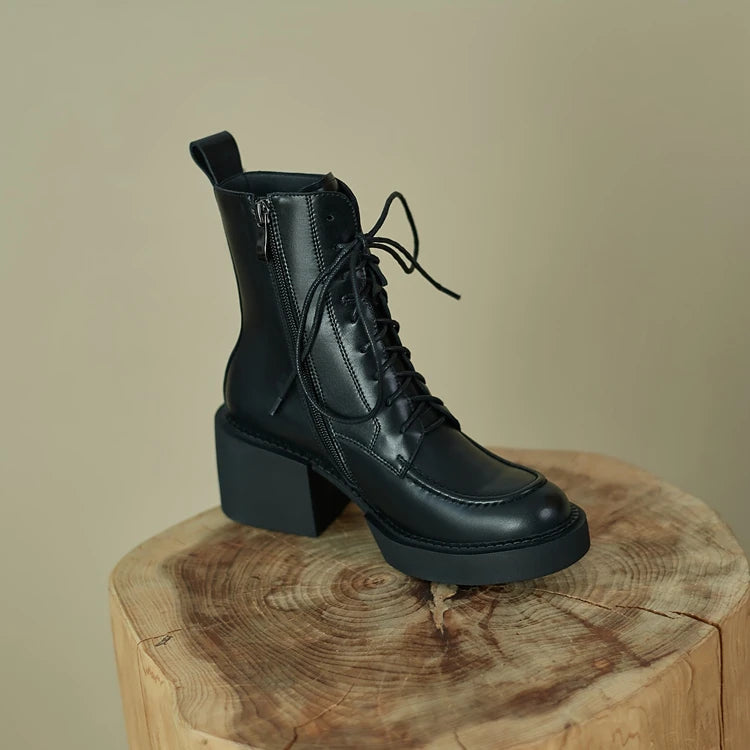 2024 Winter Women Shoes Genuine Leather Women Boots Platform Chunky Boots Women Solid Real Leather Women Shoes High Heel Boots