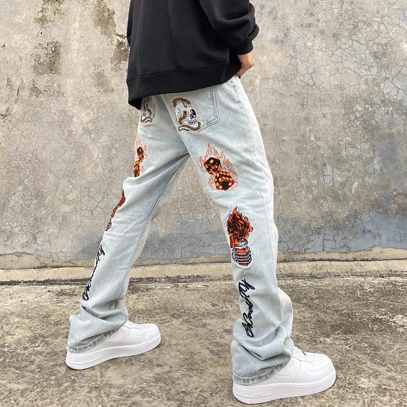 European Hip-Hop Street Wide Leg Stacked Entrepreneurs Customize Embroidery LOGO Jeans Men Wash Fashion Designer Flare Jeans